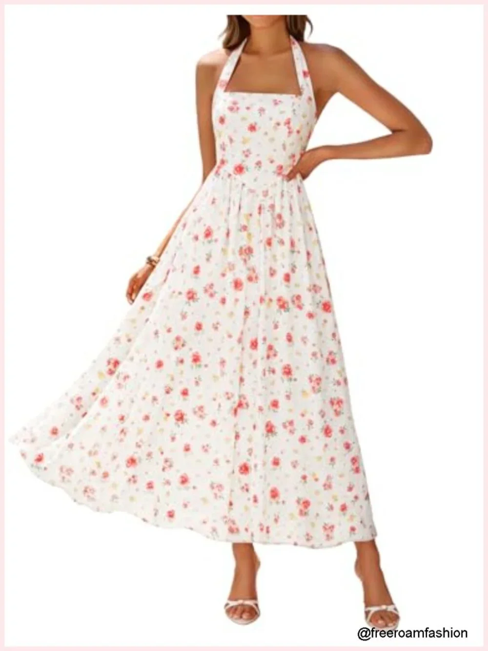 Women's Summer Floral Halter Midi Dress Sleeveless High Waist A-Line